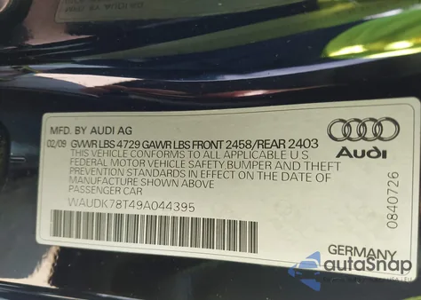 2009 Audi A5 3.2L from USA, damaged, VIN WAUDK78T49A044395